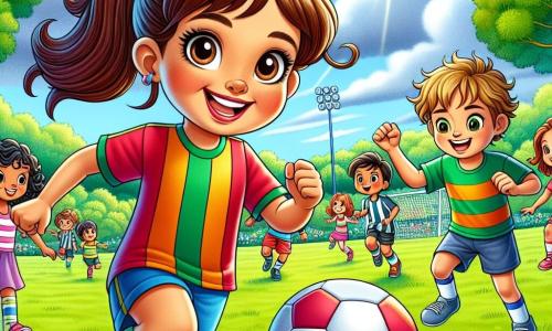 Ein 9-jähriges Mädchen, Lina, mit großen neugierigen Augen und braunen Haaren, die zu einem Pferdeschwanz gebunden sind, lächelt entschlossen, während sie einen Fußball auf einem grünen Feld dribbelt. Sie trägt ein buntes Trikot und Shorts, und ihr Gesicht drückt Freude und Selbstvertrauen aus. Neben ihr ermutigt Tom, ein 11-jähriger Junge mit zerzausten blonden Haaren und einem freundlichen Lächeln, sie, indem er die Arme hebt und seine Unterstützung zeigt. Im Hintergrund spielen Kinder unterschiedlicher Herkunft, Jungen und Mädchen, zusammen und schaffen eine Atmosphäre der Inklusivität und Kameradschaft. Das Feld ist von bunten Blumen und großen Bäumen umgeben, unter einem strahlend blauen Himmel, was einen perfekten Tag zum Fußballspielen symbolisiert. Die Szene fängt den Moment ein, in dem Lina, voller Energie und Leidenschaft, zeigt, dass Fußball für alle da ist, unabhängig vom Geschlecht.