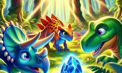 Un triceratops pe nume Trixie, cu o piele verde strălucitoare și trei coarne mărețe pe cap, exprimă o mare curiozitate și entuziasm în timp ce descoperă o piatră albastră misterioasă și strălucitoare într-o pădure densă. Lângă ea, un stegosaurus pe nume Spike, cu plăci dorsale portocalii și o privire atentă, observă piatra cu interes, în timp ce un velociraptor pe nume Roxy, cu pene colorate și ochi sclipitori, se apropie cu un aer intrigat. Decorul este o pădure preistorică luxuriantă, plină de ferigi uriașe și copaci mari, unde razele de soare pătrund prin frunziș, iluminând scena cu o lumină aurie. Situația principală arată cum Trixie, Spike și Roxy explorează împreună, captivați de magia pietrei, pregătiți să trăiască o nouă aventură plină de mistere.