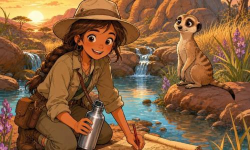 Female explorer, joyful and proud expression, smiling tanned face, braided brown hair under a beige adventurer's hat, khaki jacket and dusty boots; kneeling at the edge of a small clear spring, holding a metal canteen and marking a large map with a red X using a pencil. A curious small meerkat sits on a rock to her right, beige-and-brown fur and alert eyes, like a friend pointing the way. The setting: an elephant-shaped rock formation, smooth ochre rocks, a clearing with golden savanna grasses, purple wildflowers, tiny sparkling waterfalls and clear water reflecting the sky. Main scene: discovering a hidden spring at sunset with warm orange-pink light and reflections on the water, a feeling of wonder and gentle adventure, composition centered on the woman with the meerkat slightly behind. Color palette: warm ochre, orange and pink contrasted with light blue water and green plant accents. Graphic style: clean expressive lines, soft strokes, light shading, child-friendly visuals with exaggerated expressions and readable silhouettes.