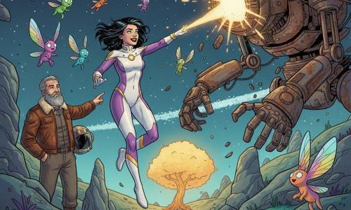 A female hero with black hair threaded with silver like a starry sky, expressive smiling focused face, bright blue-silver eyes, wearing a fitted white-and-violet spacesuit with gold accents, leaping and firing a golden beam of light at a huge rusted enemy machine; Captain Orion, about 45, thick gray beard, helmet under his arm and brown leather pilot jacket, stands slightly left behind, pointing toward the machine with an admiring, reassured look; small colorful 20–30 cm creatures with iridescent rainbow wings and big round bright eyes flutter around her and perch on nearby rocks, joyful and relieved; the massive enemy machine has exposed gears, glowing red eyes and collapsing articulated arms with sparks and flying metal fragments; the scene is on an alien planet with emerald glowing plants, purple grasses, undulating carved rocks and a small central tree emitting a soft golden glow, under a dark starry sky with an asteroid ring on the horizon; vibrant, high-contrast comic-style textures, dynamic composition centered on the heroic action with warm lighting from the hero’s beam and the luminous tree, conveying hope and triumph.
