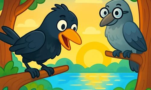Um corvo de penas pretas brilhantes e olhos cintilantes de excitação, empoleirado em um galho, observa com curiosidade o lago cintilante ao nascer do sol. Ao seu lado, uma corvoa sábia de penas cinzas e óculos redondos, sentada em outro galho, observa atentamente, pronta para dar conselhos. O lugar é uma floresta encantada, com árvores de troncos grossos, folhas verdes vibrantes e flores coloridas que iluminam o solo. A cena principal mostra o corvo, intrigado, se preparando para mergulhar no lago e descobrir o misterioso brilho dourado que dança na superfície da água.