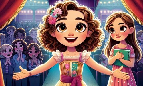 Uma menina de 12 anos, Helena, com cabelos cacheados e olhos brilhantes de curiosidade, está no centro do palco, radiante de confiança. Ela usa um vestido colorido e sorri amplamente, com os braços abertos como se estivesse recebendo o mundo. Ao seu lado, sua melhor amiga Sofia, uma menina de 11 anos com cabelos lisos e castanhos, olha para Helena com admiração, um leve sorriso no rosto, segurando um caderno de esboços nas mãos. O cenário é um palco de teatro, iluminado por refletores cintilantes, com cortinas vermelhas de veludo e decorações coloridas ao fundo representando uma floresta encantada. A situação principal mostra Helena e Sofia, prontas para subir ao palco para sua primeira apresentação, cercadas por um público entusiasmado que aplaude, simbolizando a confiança em si mesmas e a amizade.