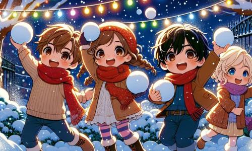 Quattro bambini sono riuniti per festeggiare il Capodanno: 1. **Luca**, un ragazzo di 8 anni con capelli castani e occhiali rotondi, sorride tenendo una palla di neve in mano, pronto a lanciarla. 2. **Giulia**, una ragazza di 7 anni con lunghi capelli biondi intrecciati, salta di gioia con un grande sorriso, circondata da luci colorate che brillano intorno a lei. 3. **Marco**, un ragazzo di 9 anni con capelli neri arruffati, ride mentre si prepara a lanciare la sua palla di neve, le braccia alzate verso il cielo. 4. **Sara**, una ragazza di 8 anni con capelli castani e lentiggini, si trova accanto a Luca, gli occhi brillanti di eccitazione, tenendo una palla di neve pronta per essere lanciata. Si trovano tutti in un giardino innevato, illuminato da ghirlande di luci multicolori appese agli alberi. Il terreno è coperto da uno spesso strato di neve scintillante sotto la luce delle stelle. La scena principale mostra i bambini mentre lanciano palle di neve nel cielo stellato, circondati da fuochi d'artificio che illuminano la notte, creando un'atmosfera festosa e gioiosa.