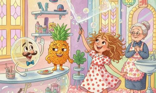 Penny Prickle, a radiant 10-year-old girl with wild light-brown curls in a polka-dot dress, holds an invisible pen aloft, drawing an invisible square with concentration and joy; Bubblesworth, a neat mustached anthropomorphic bubble with a small blue bow tie, grins mischievously behind a floating counter to Penny's left, waving a bubble-hand like a hairdresser; Sir Pineapple, a sturdy expressive pineapple on a shelf behind Penny, looks proud and spiky, ready to be the square's target; the grandmother, about 70, with a gray bun and floral apron, watches fondly from near a sink with hands folded; the setting is a lounge of translucent bubbles and pastel stained glass with a pink bubble-gum floor, iridescent globe lamps, floating colorful posters and absurd props; main action: Penny's invisible square makes nearby bubbles bounce and tickle, shown by sparkling ripples and bouncing bubbles, creating a whimsical, colorful, dynamic scene of visible movement and suspended laughter.