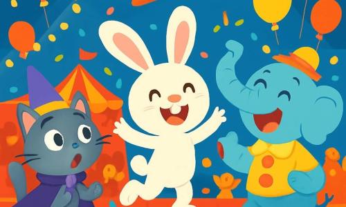 Un pequeño conejo blanco llamado Pepe, con grandes orejas y una sonrisa brillante, salta de alegría en el centro de una pista de circo, rodeado de luces brillantes y globos coloridos. A su derecha, un elefante payaso llamado Trompitas, con una gran trompa roja y zapatos gigantes, ríe mientras intenta atrapar una zanahoria brillante que vuela en el aire. A la izquierda, un gato gris llamado Patas, vestido con una capa violeta y un sombrero puntiagudo, mira la zanahoria con ojos desorbitados, maravillado y divertido. El circo está lleno de colores vibrantes, con carpas a rayas rojas y amarillas, confeti flotando en el aire y espectadores alegres aplaudiendo alrededor de la pista. La escena principal muestra a Pepe, Trompitas y Patas en plena acción, riendo y corriendo tras la zanahoria mágica que revolotea sobre ellos, creando un ambiente festivo y mágico.