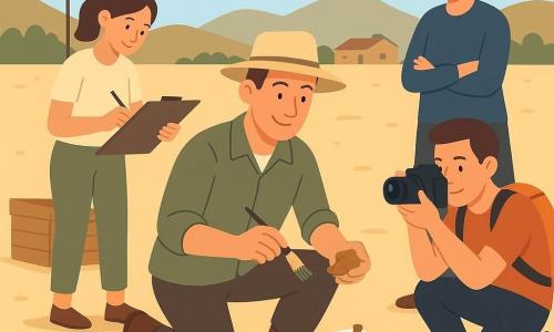 A smiling, focused 35-year-old male archaeologist kneeling on light sandy ground, carefully holding a small pottery shard in one hand and a fine brush in the other, wearing a khaki jacket, wide beige hat, brown boots and knee pads; to his left a 25-year-old female cartographer with her hair tied back stands drawing a plan on a large clipboard resting on a wooden crate; to his right a crouched 30-year-old male photographer with short hair points a black camera at the fragment with an orange backpack beside him; slightly behind, a kindly 55-year-old female village advisor with gray tied-back hair stands with folded hands; the outdoor dig site shows square trenches marked by white strings, a yellow tape fluttering in the breeze, small wooden crates, brushes and trowels laid out, low houses and gentle hills in the background under a pale blue sky — the team calmly and carefully uncovers the small pottery fragment in the first square in a soft, studious morning atmosphere with simple composition, flat contrasting colors and clear, child-friendly shapes.