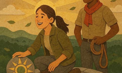 A smiling, awed female explorer in her thirties with brown hair in a ponytail, a worn khaki jacket, gray hiking pants and muddy boots kneels on a round gray stone platform, touching a carved sun inlaid with a green stone as a sunbeam lights her warm, bright-eyed face; a slim, tan male guide around 30 with short black hair, a light shirt and red scarf stands just behind her at the summit's edge holding a rope, looking to the horizon with pride and relief in a protective posture and slight smile; the summit features engraved patterns and a ring of small green inlaid discs, low clouds and a sea of green forest below, wind stirring leaves and dust, golden sunlight piercing the clouds—a calm moment of triumph with restrained victory, contrasting deep greens, rocky grays and touches of gold, and visible paper-cut textures (irregular edges, layered pieces, cast shadows).