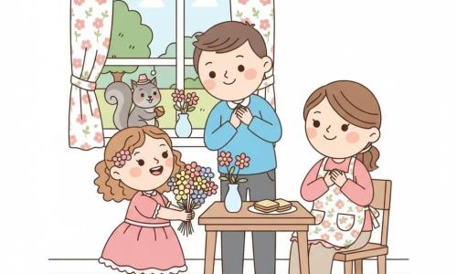 A joyful, wide-eyed 4-year-old girl with light brown curly hair in a pink ruffled dress and sparkly shoes offers a colorful bouquet of yellow, pink and purple flowers to her smiling, emotional mother—about 30, with tied brown hair and a floral apron—who sits at a small wooden kitchen table with her hands on her heart; the father—about 35, kind, in a bright blue shirt—stands behind the girl applauding and leaning toward the table to help; a small gray squirrel wearing a tiny hat holds a nut on the windowsill; the sunny kitchen has light walls, a wooden table with a plate of sandwiches and a simple vase, a floral curtain and an open window to a green park; warm, soft colors with vivid contrasts, cute exaggerated expressions and a centered, child-friendly composition.