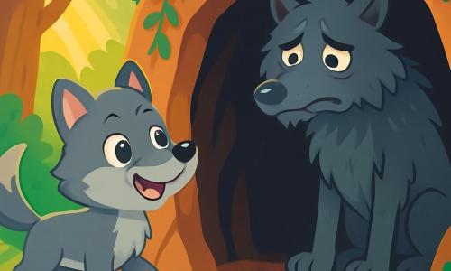 A small gray wolf with sparkling eyes, Luno, stands bravely at the entrance of a dark cave, his face showing curiosity and excitement. He has soft, silky fur, and his tail is raised, revealing his enthusiasm. Inside the cave, a large wolf with ruffled fur and sad eyes, the Big Bad Wolf, looks at Luno with surprise and melancholy. His imposing stature contrasts with his vulnerable expression, and he appears hesitant, unsure of what to do. The setting is a dense forest with majestic trees and vibrant green leaves. Sunlight filters through the foliage, illuminating the scene with a golden glow. The cave is surrounded by vines and colorful flowers, creating a contrast between the beauty of nature and the darkness inside. The main situation shows Luno, determined and fearless, facing the Big Bad Wolf, ready to break stereotypes and discover the truth behind the myth.