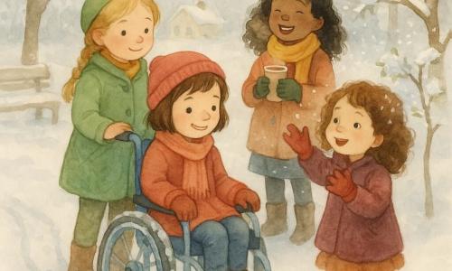 Cuatro niñas: Sofía (≈8 años), pelo castaño corto, gorro rojo, sentada en una silla de ruedas azul claro mirando la nieve en sus ruedas; Luna (≈7 años), trenza rubia, abrigo verde manzana, apoyando la mano en el respaldo; Valeria (≈8 años), pelo negro suelto, bufanda amarilla, sosteniendo una taza de chocolate humeante y riendo; Martina (≈6 años), pelo castaño rizado, guantes rojos, sacudiendo una ramita que hace caer copos. Escena: pequeño parque nevado por la mañana, bancos y árboles con nieve, huellas en el suelo y una casa al fondo; estilo acuarela suave, colores pastel y texturas de nieve polvo con halos de vapor.