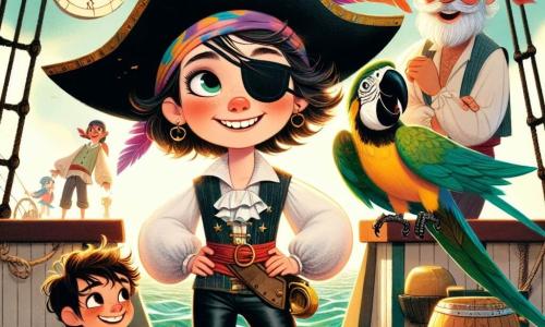 Valente, uma jovem pirata com um sorriso radiante e olhos curiosos, está orgulhosamente no convés do navio Vento Risonho. Ela usa um grande chapéu preto com penas coloridas e uma camisa branca de mangas bufantes, enquanto suas calças de couro têm pequenas estrelas douradas. Seu papagaio Bolacha, com penas verdes e amarelas, está empoleirado em seu ombro, rindo alegremente. Ao lado dela, Tico, um garoto de 10 anos com cabelo bagunçado e um bandana vermelho, observa o céu com admiração, segurando um telescópio. Mais adiante, Zé Pipoca, um homem idoso com barba branca e um avental de cozinha, prepara um prato em um pequeno fogo, sorrindo enquanto escuta as risadas da tripulação. O navio navega em um mar azul brilhante, com ondas cintilantes sob o sol dourado. No horizonte, uma ilha misteriosa aparece, cercada por recifes coloridos e palmeiras dançantes. Valente, cheia de entusiasmo, mostra o velho pergaminho do tesouro para sua tripulação, pronta para a aventura, enquanto Bolacha faz uma piada, aumentando a excitação do momento.