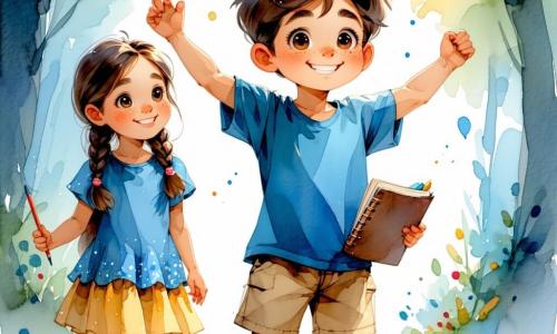 Um menino de 10 anos, Lucas, com cabelos castanhos bagunçados e olhos brilhando de curiosidade, está no centro da cena, com os braços levantados e um grande sorriso no rosto, expressando admiração e alegria. Ele usa uma camiseta azul e um short bege, segurando um pequeno caderno de esboços em uma mão. Ao seu lado, Kaia, uma menina de cerca de 12 anos, com longos cabelos trançados e vestindo peles de animais, sorri calorosamente enquanto aponta para um majestoso dinossauro atrás deles. O dinossauro, um Tiranossauro Rex, é imenso, com escamas verdes e dentes afiados, olhando para Lucas com curiosidade. A cena ocorre em uma floresta pré-histórica exuberante, cheia de árvores gigantes com folhas vibrantes e plantas coloridas, com raios de sol filtrando através da folhagem. Ao fundo, outros dinossauros, como Tricerátops e Pterodáctilos, adicionam vida a esta paisagem fascinante. A situação principal mostra Lucas e Kaia, maravilhados, descobrindo juntos o mundo dos dinossauros, enquanto Lucas desenha entusiasticamente em seu caderno, capturando a magia desta incrível aventura.
