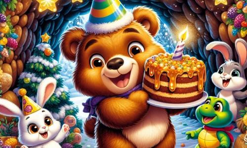 Benny, a soft brown teddy bear with a big smile and sparkling eyes, is at the center of the scene, surrounded by colorful New Year decorations. He holds a large honey cake in his paws, radiating excitement and happiness. Lila, a small bunny with big ears and white fur, is next to him, hopping with joy while wearing a party hat, her eyes shining with enthusiasm. Toby, a green and shiny turtle, stands a bit back, smiling contentedly while holding a garland of colorful berries, ready to help decorate. The setting is a warm and inviting cave, illuminated by twinkling stars on the walls, with gentle snowflakes falling outside, creating a magical and festive atmosphere. The main scene shows Benny and his friends preparing for a big New Year party, filled with laughter and joy as they decorate the cave with garlands and sparkling lights, ready to welcome all their forest friends.