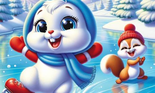 Un pequeño conejo blanco llamado Copito, con grandes ojos brillantes y mejillas rosas, está patinando alegremente sobre un lago helado. Lleva una bufanda azul y guantes rojos, y su rostro expresa inmensa alegría y emoción. Cerca de él, su mejor amiga, Lili la ardilla, con pelaje marrón y una cola espesa, aplaude riendo. Ella lleva un pequeño gorro rojo y se encuentra al borde del lago, animando a Copito con una gran sonrisa. El paisaje es un encantador escenario invernal, con árboles cubiertos de nieve brillante, copos de nieve cayendo suavemente del cielo azul claro y colinas blancas en el horizonte. La escena principal muestra a Copito deslizarse sobre el hielo, descubriendo la magia del invierno y divirtiéndose con su amiga, creando recuerdos inolvidables en este mundo de cuento de hadas.