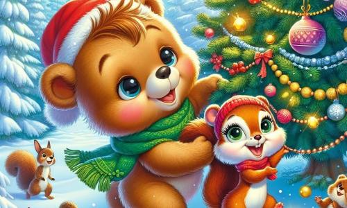Un pequeño oso de peluche llamado Max, con un suave pelaje marrón, un pequeño sombrero rojo y una bufanda verde, muestra una expresión de emoción y determinación mientras empuja un gran árbol de Navidad decorado con guirnaldas brillantes y bolas de colores. A su lado, una pequeña ardilla llamada Lili, con un pelaje de un vibrante color rojizo y grandes ojos brillantes, sonríe alegremente mientras sostiene una rama del árbol para ayudar. El escenario es un encantador claro nevado, rodeado de árboles cubiertos de nieve, con copos que caen suavemente del cielo azul claro. A lo lejos, animales del bosque, como conejos y pájaros, observan la escena con curiosidad y entusiasmo. La situación principal muestra a Max y Lili unidos en un esfuerzo colectivo, levantando juntos el árbol de Navidad caído, simbolizando la amistad y la magia de la Navidad.