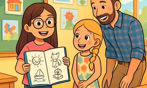 Ci sono 3 personaggi: - Sofia: una ragazza di 9 anni, con lunghi capelli castani e occhiali rotondi. Indossa una maglietta rosa e jeans blu. Sofia è in piedi, con un grande sorriso, mentre tiene un quaderno da disegno pieno di illustrazioni. - Martina: una ragazza di 9 anni, con capelli biondi intrecciati e occhi scintillanti. Indossa un vestito a fiori colorati e sandali. Martina è accanto a Sofia, ammirando i disegni della sua amica. - Il signor Russo: un uomo di circa 35 anni, con capelli corti e barba ben curata. Indossa una camicia a quadri e pantaloni beige. Il signor Russo è leggermente inclinato in avanti, sorridendo e incoraggiando Sofia mentre presenta i suoi disegni. La scena si svolge in un'aula luminosa, con pareti dipinte di giallo chiaro. Poster colorati mostrano disegni di bambini e progetti artistici. Ci sono banchi di legno ben ordinati e una grande finestra che lascia entrare la luce del sole, illuminando i volti dei bambini. La situazione principale mostra Sofia, nervosa ma emozionata, mentre presenta le sue illustrazioni alla classe. È davanti a una lavagna, mentre i suoi compagni e il signor Russo la ascoltano attentamente, circondati da disegni colorati appesi alle pareti. I volti dei bambini esprimono meraviglia e ammirazione per il talento di Sofia.