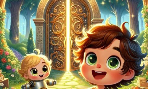 Un bambino di 3 anni, Leo, con capelli castani disordinati e occhi pieni di curiosità, si trova davanti a una porta magica scintillante. Ha un grande sorriso e le braccia aperte, pronto a esplorare il mondo. Accanto a lui c'è Lili, un robot amichevole con un corpo di metallo argentato e occhi luminosi, che guarda Leo con affetto. Più in là, Marco, un bambino di circa 5 anni con capelli biondi e guance rosa, gioca con un giocattolo di legno, affascinato dall'arrivo di Leo e Lili. La scena si svolge in un giardino verdeggiante, pieno di fiori colorati e alberi maestosi, con una porta antica decorata da motivi dorati e stelle scintillanti. La luce del sole filtra tra le foglie, creando un'atmosfera magica. Leo e Lili, meravigliati, sono pronti ad aprire la porta per entrare in un mondo di scoperte e avventure.