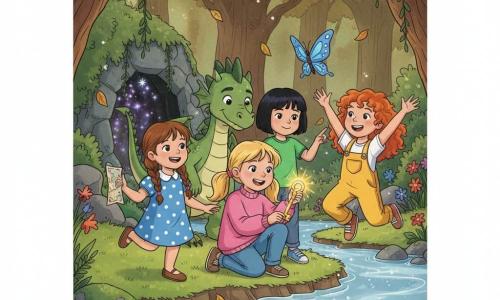 Hay cinco personajes: cuatro niñas de 5 años —Sofía, cabello castaño en trenza, vestido azul con lunares, a la izquierda sosteniendo una pequeña carta y sonriendo; Valentina, pelirroja rizada con peto amarillo, a la derecha saltando de alegría; Luna, pelo negro en corte recto con camiseta verde, señalando una gran mariposa azul sobre el agua; Clara, rubia con coletas y suéter rosa, en el centro junto al borde del agua, agachada mostrando una llave dorada brillante— y Drago, un joven dragón pequeño de escamas verdes brillantes y ojos suaves, inclinado detrás de los niños sonriendo y mirando la llave. Lugar: una ribera encantada en un bosquecillo con agua clara que reluce, piedras musgosas, hojas doradas que caen, flores brillantes y al fondo una pequeña cueva oscura con lianas y reflejos mágicos. Situación: acaban de encontrar la llave dorada; Clara la exhibe triunfante, los demás aplauden y el dragón sonríe; todos se preparan para entrar en la cueva y abrir un cofre antiguo.