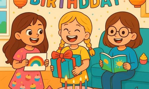There are 3 characters: Mia, an 8-year-old girl with long brown hair and sparkling eyes, wearing a pink dress with cupcake patterns and holding a colorful piece of paper; Zoe, an 8-year-old girl with braided blonde hair and a big smile, wearing a bright yellow t-shirt and striped socks, laughing while holding a large gift with a huge bow; and Ava, an 8-year-old girl with brown hair and round glasses, wearing a blue blouse and holding a small illustrated book, sitting on the couch surrounded by cupcakes. The setting is a bright living room decorated with colorful garlands and paper lanterns. A large birthday cake sits in the center of the table, surrounded by cupcakes with colorful frosting, and the walls are adorned with a big 