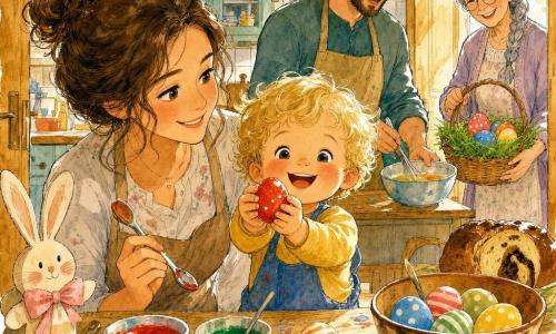 Un băiat de 2 ani, fericit și uimit, cu păr blond creț și obraji rotunzi, ține cu grijă un mic ou vopsit în roșu; mama (~30 ani), păr brun prins în coc, stă la stânga lângă masă cu o lingură și privește cu blândețe; tatăl (~32 ani), cu barbă scurtă, râde în fundal la dreapta și pregătește un alt bol de vopsea; bunica (~65 ani), păr gri împletit, aduce un coș din nuiele cu iarbă verde și ouă colorate la ușă; pe masa din lemn deschis sunt boluri cu vopsele vii (roșu, galben, albastru, verde), câteva ouă decorate cu dungi și buline și un bol cu cozonac în fundal; lângă ușă, un iepuraș de hârtie cu papion roz și două ouă de ciocolată aurii; bucătăria e caldă, luminată de o lumină matinală aurie, atmosfera e veselă și intimă, culori vii și contururi încerate clare.