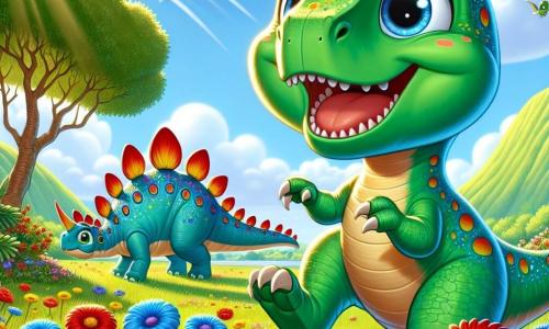 Młody Tyrannosaurus Rex o imieniu Timo, z jaskrawozieloną skórą i dużymi ciekawskimi oczami, radośnie stoi pośrodku kolorowej łąki, z szerokim uśmiechem na twarzy. Skacze z radości, otoczony czerwonymi, żółtymi i niebieskimi kwiatami tańczącymi na wietrze. Obok niego stoi duży stegozaur o imieniu Stefi, z kolorowymi płytkami grzbietowymi i przyjaznym spojrzeniem, pochylony, by podziwiać kwiaty, dodając scenie odrobinę delikatności. W tle mały dinozaur o pomarańczowej skórze z łzami w oczach stoi blisko drzewa, wyglądając na zagubionego i smutnego. Łąka jest skąpana w świetle, z zielonymi wzgórzami i niebieskim niebem usianym puszystymi chmurami, tworząc radosną i przyjazną atmosferę. Timo i Stefi, odkrywając zagubionego małego dinozaura, przygotowują się, by pomóc mu znaleźć drogę, ilustrując magię przyjaźni i solidarności.