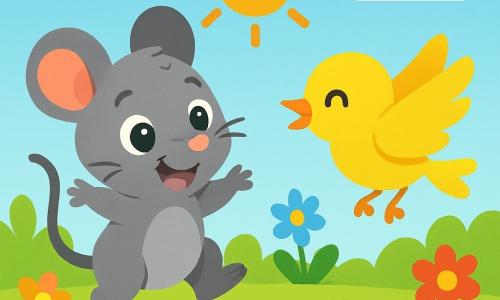 Un pequeño ratón lindo, con un pelaje gris suave y ojos brillantes de curiosidad, salta alegremente en un césped verde brillante, su radiante sonrisa iluminando su rostro. A su lado, un pajarito amarillo vivo, con plumas brillantes y un pico afilado, vuela alegremente, cantando y buscando semillas en el suelo. El escenario es un jardín soleado, lleno de flores coloridas y piedras brillantes, donde el sol brilla alto en un cielo azul claro. En esta escena, el ratón y el pajarito están jugando juntos, buscando semillas bajo la suave luz del sol, llenos de alegría y amistad.