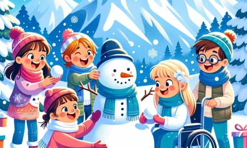 Four happy friends are playing together in a magical winter landscape. Mia, an 8-year-old girl in a bright red hat with rosy cheeks, laughs as she throws a snowball, standing to the left. Leo, her 7-year-old brother wearing a blue scarf and messy brown hair, smiles while gathering snow to make a snowball, to the right of Mia. Ella, a 6-year-old girl in a fluffy white coat with blonde hair, is making a snowman, slightly back in the center. Sam, an 8-year-old boy in a wheelchair with a warm blanket on his lap and glasses, watches his friends with a big smile, positioned in the center. The setting features a snowy landscape with trees covered in sparkling snow and a light blue sky sprinkled with falling snowflakes. In the distance, majestic white mountains rise. The friends are having fun creating a snowman, laughing and playing together, while snowflakes dance around them, adding a magical touch to this winter scene.