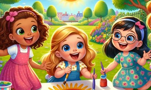 Four joyful little girls, aged 6 to 7, are gathered around a large sheet of paper on the green grass of a sunny park. Mia, with curly brown hair, wears a pink dress and holds a paintbrush, smiling. Next to her, Lily, with braided blonde hair and a yellow blouse, pours paint into a palette. Ava, with straight black hair and a blue t-shirt, watches in awe as the colors mix. Finally, Zoe, with red hair and round glasses, wears a floral dress and is about to paint a big sun on the sheet. The park is filled with colorful flowers, green trees, and a bright blue sky, creating a joyful summer atmosphere. Sunlight illuminates the scene, adding a touch of magic. The girls are getting ready to paint a big yellow sun, laughing and encouraging each other as their brushes dance on the paper, creating a lively and happy work of art.