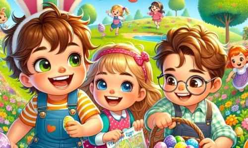 A 5-year-old boy, Oliver, with messy brown hair and sparkling eyes, wears a large rabbit hat that falls over his eyes. He holds a blue basket filled with colorful eggs, smiling with excitement as he bends down to pick up a shiny egg in a field of flowers. Next to him, Mia, a 6-year-old girl with two blonde pigtails and a pink polka-dot dress, jumps for joy while pointing at an egg hidden behind a flower. A little further away, Tommy, a 5-year-old boy with round glasses and brown hair, carefully examines a treasure map, looking focused and curious. The setting is a sunny park filled with colorful flowers dancing in the wind, with lush green trees and a blue sky dotted with fluffy white clouds. The main scene shows Oliver, Mia, and Tommy in the midst of an Easter egg hunt, laughing and running together, searching for hidden eggs among the flowers, filled with excitement and friendship.