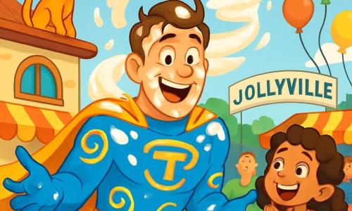 A man, Captain Twister, is at the center of the image, wearing a bright blue costume adorned with yellow swirls. He has a big amused smile and sparkling mischievous eyes, covered in flour after a comedic fall. Beside him, an 8-year-old girl with curly hair in a pink t-shirt is clapping and laughing, her eyes shining with admiration. In the background, an orange cat is perched on the roof of a bakery, meowing anxiously. The scene takes place on a lively street in Jollyville, with colorful party stands, floating balloons, and smiling people. The main situation shows Captain Twister trying to rescue the cat while juggling his superhero powers, creating a whirlwind of flour and laughter around him.