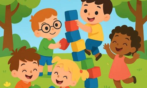 A 2-year-old boy named Tommy, with messy brown hair and a big joyful smile, is squatting on the green grass, holding a green block in his small hands. Next to him, Lily, a 3-year-old girl with blonde hair in pigtails, laughs while holding a blue block as she leans in to add a block to the tower. Max, a 3-year-old boy with glasses and brown hair, stands in the background, ready to give a red block to Sam, another 3-year-old boy with black hair and a yellow t-shirt, who is climbing on the tower. Bella, a 3-year-old girl with curly hair in a pink dress, enthusiastically claps, bouncing in place. The scene takes place in a sunny park with majestic green trees, colorful flowers, and a bright blue sky. In the center, the children are building a colorful block tower that leans dangerously, ready to fall. The main focus shows the excitement and joy of the children as they strive to build the tallest tower possible, with laughter and bright smiles on their faces.