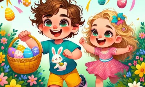 A 4-year-old boy named Timmy, with messy brown hair and bright big eyes, smiles enthusiastically while holding a colorful basket filled with Easter eggs. He wears a blue t-shirt with a bunny pattern and yellow shorts. Next to him, his 2-year-old sister Lily, with curly blonde hair and a polka dot pink dress, jumps with joy pointing at an egg hidden behind a bush. The garden is filled with colorful flowers, trees adorned with ribbons, and bushes decorated with shiny eggs, creating a festive and joyful atmosphere. Timmy and Lily are eagerly searching for eggs under the bushes and in the tall grass, their faces beaming with happiness.