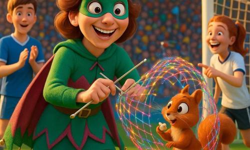 The heroine is Whirlwind Wendy, a cheerful mischievous woman with a wide smile and sparkling eyes in a green-and-pink costume with a bell-adorned cape; she knits at lightning speed with two shiny needles, creating a shimmering multicolored net in the air that gently catches a small red squirrel holding a popcorn kernel, while a teenage boy soccer player with short brown hair in a blue jersey applauds from the left on the vivid green pitch and a teenage girl with a red ponytail in a white jersey laughs and points from the right near the goal; in the background a packed stand of smiling spectators waves balloons and flags in warm late-afternoon light, white field markings, scattered confetti and popcorn, creating a comic, cozy scene.