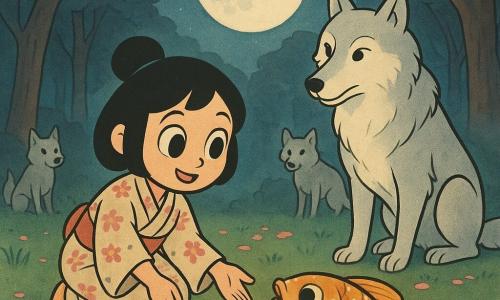 Hana, a young woman with large bright eyes and a gentle, amazed smile, kneels at a sparkling stream in a simple cherry-patterned kimono, reaching toward the water; a large wise carp with iridescent, lantern-like scales and golden flecks swims near the shore, mouth slightly open as if whispering, while a majestic silver-white wolf leader with calm eyes stands a few steps away in the center of a small clearing facing her, two smaller pack wolves watch from under the trees; the hidden clearing has dark grass, scattered pink cherry petals, a full moon silvering the trunks and a light ground mist—Hana, guided by the carp, arrives before the wolf pack beneath a soft, magical, pastel-lit retro-cartoon scene with rounded expressive contours and smooth textures.