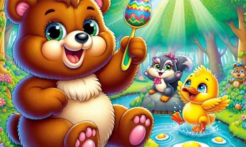 Un oso llamado Tito, con pelaje marrón y suave, grandes ojos redondos y curiosos, sonríe alegremente sosteniendo una cuchara con un huevo colorido encima. Está en el centro de la escena, rodeado de una aura de felicidad y emoción. A su derecha, Lulú, la pequeña ardilla de ojos brillantes y cola esponjosa, corre tras su huevo que acaba de caer, riendo a carcajadas. A la izquierda, Paco, el pato de plumaje amarillo brillante, se encuentra en un pequeño estanque, salpicando agua mientras intenta recuperar su huevo que flota. El decorado es un bosque encantado, con árboles de troncos gruesos, hojas verdes brillantes y flores coloridas que crecen por todas partes. Rayos de sol atraviesan las ramas, creando una atmósfera alegre y luminosa. La escena representa una divertida carrera de huevos, donde Tito, Lulú y Paco se divierten juntos, riendo y jugando, en un ambiente de camaradería y alegría.