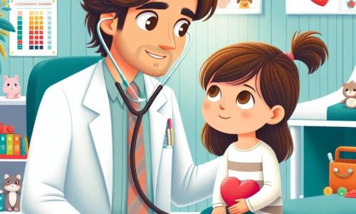 El Dr. Esteban es un hombre de unos treinta años, con cabello castaño desordenado y ojos brillantes de curiosidad. Lleva una bata blanca, un estetoscopio al cuello y muestra una sonrisa cálida mientras examina a una niña pequeña. Lucía, una niña de seis años, tiene cabello castaño y ojos brillantes, pero parece un poco cansada. Está sentada en una silla colorida, sosteniendo un juguete en forma de corazón, mirando al Dr. Esteban con confianza. La escena tiene lugar en una sala de consulta luminosa, decorada con carteles educativos sobre la salud, juguetes coloridos y plantas verdes que aportan frescura. Las paredes están pintadas de azul claro, creando una atmósfera relajante. El Dr. Esteban examina a Lucía, que tiene fiebre, mientras le explica suavemente cómo su cuerpo combate los virus. La interacción entre el médico y la niña muestra la compasión y atención que él le brinda.