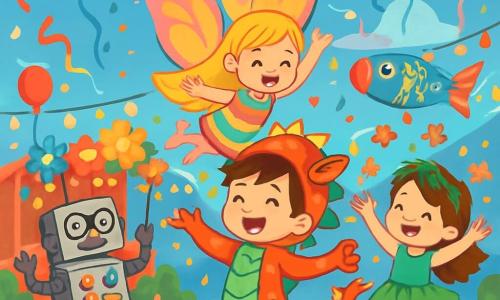 Hay 4 niños: - Samu: un niño de 5 años, con cabello castaño desordenado y ojos brillantes. Lleva un disfraz de dragón-caramelo colorido, con escamas rojas, verdes y azules, y una gran cola naranja. Baila alegremente en el centro de la imagen. - Valeria: una niña de 5 años, con cabello largo rubio y alas de mariposa brillantes. Viste un vestido colorido y vuela ligeramente sobre Samu, con una gran sonrisa en el rostro. - Nico: un niño de 6 años, con cabello negro y gafas. Está disfrazado de robot de cartón, con botones luminosos y brazos de metal. Se encuentra a la izquierda de Samu, haciendo movimientos de robot divertidos. - Sofía: una niña de 5 años, con cabello castaño y una corona de hojas. Lleva un tutú verde y está a la derecha de Samu, lanzando flores al aire con una expresión alegre. El lugar es una gran plaza de carnaval, llena de colores vivos. Globos flotan en el cielo azul, serpentinas bailan al viento y niños ríen alrededor de un gran escenario decorado con flores de papel y luces brillantes. En el fondo, se ve una gran carpa colorida con estrellas doradas. La situación principal muestra a los cuatro amigos bailando juntos en medio de la fiesta, rodeados de confeti que cae como copos de nieve coloridos, mientras una música alegre resuena en el aire.