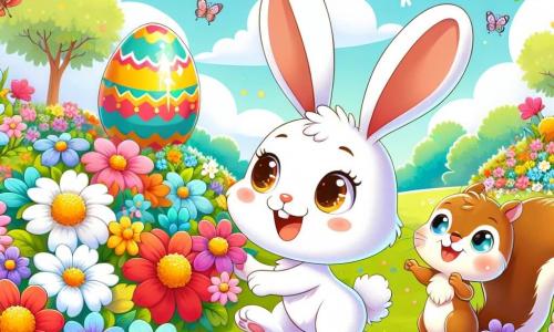 Ilustración que representa un pequeño conejo blanco con manchas marrones, grandes orejas y ojos chispeantes de curiosidad. Salta alegremente en medio de un jardín colorido, decorado con flores brillantes y guirnaldas de papel. Junto a él, una pequeña ardilla marrón con una cola esponjosa y ojos vivos, que sonríe entusiasmada mientras sostiene una flor en sus patas. El lugar principal es un jardín exuberante, lleno de flores de todos los colores: amarillas, rojas, azules y rosas, bajo un cielo soleado. La situación principal muestra al conejo y la ardilla descubriendo un gran huevo de Pascua dorado en el centro del jardín, que brilla bajo el sol, rodeado de pequeños huevos coloridos. Otros elementos gráficos incluyen mariposas revoloteando alrededor de las flores, guirnaldas de papel flotando en el viento y rayos de sol iluminando la escena, añadiendo un toque de magia y felicidad a la ilustración.