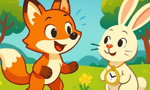 Ferdinand, der kleine Fuchs mit leuchtend rotem Fell und neugierigen Augen, steht inmitten einer sonnigen Wiese, die Ohren aufgerichtet und ein staunendes Lächeln im Gesicht. Er schaut um sich mit einem erstaunten Ausdruck, seine Vorderpfoten leicht erhoben, als wäre er bereit zu erkunden. In der Nähe beobachtet ein lustiger Hase mit großen Ohren und weißem Fell, namens Albert, Ferdinand mit einem freundlichen und neugierigen Blick. Albert, der eine kleine Taschenuhr um den Hals trägt, scheint von Ferdinands Anwesenheit fasziniert und steht auf seinen Hinterbeinen, bereit ihn zu begrüßen. Der Ort ist eine lebendige Wiese, übersät mit bunten Blumen, die im leichten Wind tanzen. Kleine Bäume mit gewundenen Stämmen und glänzenden Blättern bilden eine zauberhafte Kulisse, während der hellblaue Himmel bis zum Horizont reicht. Die Hauptsituation zeigt Ferdinand, der staunend diese neue, seltsame und magische Welt entdeckt, während Albert näher kommt, um ihm Fragen über seine Zeitreise zu stellen.
