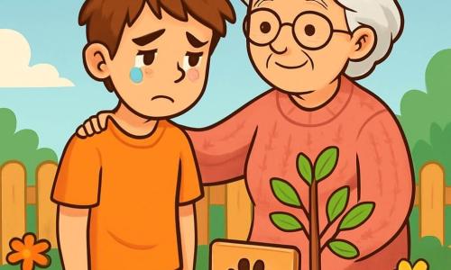 A 12-year-old boy, Max, with messy brown hair and bright eyes, stands in his garden. His face shows deep melancholy, with tears at the corners of his eyes, as he looks at a small wooden plaque in the ground, decorated with dog paw prints. Beside him, his grandmother, an elderly woman with silver hair and a gentle smile, tenderly embraces him, providing warm comfort. She wears a pink wool sweater and stands slightly back, watching Max with compassion. The garden is filled with colorful flowers, and a small tree has just been planted next to the plaque, symbolizing the memory of their beloved dog, Rusty. The sky is a clear blue, dotted with fluffy white clouds, creating a peaceful and comforting atmosphere. The main scene shows Max and his grandmother remembering Rusty, surrounded by the love and support of their family, celebrating the life of their faithful companion.