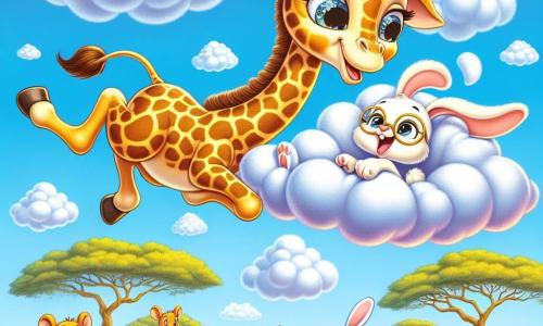 Una giraffa di nome Giulia, con un lungo collo elegante e macchie dorate sul pelo, fluttua gioiosamente nel cielo, circondata da nuvole bianche e soffici. La sua espressione è di meraviglia e gioia, con i suoi grandi occhi che brillano di felicità mentre tocca una nuvola morbida con la zampa. Vicino a lei, un coniglio bianco di nome Bobo, con grandi occhi curiosi e orecchie lunghe, salta di gioia sul terreno, guardando Giulia con ammirazione. È circondato da alcuni amici animali, tra cui una piccola scimmia di nome Lilla, che si arrampica su un ramo, applaudendo con entusiasmo. Il cielo è di un blu brillante, punteggiato di nuvole cotonose, mentre sotto si estende la savana con alberi di acacia e erba dorata nel vento. La scena principale mostra Giulia che vola nell'aria, realizzando il suo sogno di toccare le nuvole, mentre i suoi amici la incoraggiano e celebrano il suo coraggio, creando un'atmosfera di gioia e amicizia.