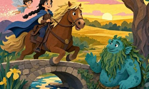 Lira, vigía valiente y sonriente de trenza negra y ojos brillantes, viste capa azul y túnica de cuero, sujeta la brida de su caballo y mira al horizonte; Brío, semental pardo de crin dorada, galopa alegre delante hacia las praderas; Fina, pequeña hada de aspecto infantil con alas plateadas que dejan una estela luminosa, la guía; un ogro de agua amistoso pero imponente, piel azul verdosa y barba de algas, está junto a un pequeño puente de piedra sonriendo mientras los deja pasar; lugar: puente de piedra sobre un arroyo de reflejos oscuros y claros, árboles retorcidos en la orilla, praderas doradas y cielo matinal rosa y amarillo; ambiente luminoso, colores vivos, contrastes marcados y formas recortadas sencillas y legibles para niños.