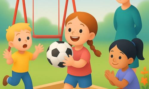 Ein fröhliches, entschlossenes 4‑jähriges Mädchen (Lena) mit hellbraunen Zöpfen und Sommersprossen fängt begeistert einen Fußball; der 4‑jährige Paul mit kurzem blondem Haar läuft staunend mit erhobenen Armen zu ihr; die 4‑jährige Mia mit schwarzer Pferdeschwanz sitzt kichernd/ermutigend hockend und klatscht; Frau Müller (ca. 30–40) mit braunem Dutt steht wohlwollend bei einer Schaukel; im Kindergarten-Garten mit frischem Grün, Sandkasten, roten Schaukeln, bunten Blumen und blauem Himmel spielen die Kinder gemeinsam Fußball, zeigen Inklusion und sichtbare Freude.