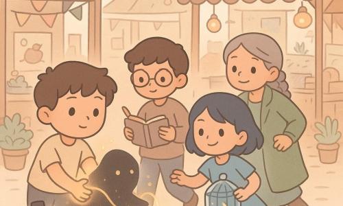 Um menino de 10 anos, Tomás, rosto redondo, cabelo castanho despenteado, olhos grandes e curiosos, expressão concentrada e doce, estende as mãos luminosas de onde saem fios dourados de luz que guiam uma forma sombria; uma adolescente Luma (≈15), cabelo azul-escuro em corte reto, sorriso confiante, corre ao lado pronta para fechar uma pequena gaiola de vidro decorada com motivos lunares; Nilo (≈14), magro, óculos redondos, olhar analítico, segura um caderno observando à distância; Maestra Íris (≈50), cabelos grisalhos trançados, casaco verde, postura calma e acolhedora, orienta o grupo; um gato preto pequeno e rechonchudo com um minichapéu-coco está sobre uma caixa de madeira; a Sombra-Fome é uma sombra densa, forma fluida e ligeiramente translúcida com pequenos objetos flutuantes no seu interior (chaves, sementes, cartas) que segue a trilha dourada; cenário: mercado secreto sob a estação com barracas de madeira e painéis solares reciclados, lanternas com luz quente, bandeiras coloridas, cartazes desgastados, chão de pedras e algumas plantas em vasos fosforescentes; situação: momento de tensão benevolente enquanto Tomás guia a sombra até a gaiola de vidro no centro de uma barraca movimentada, iluminação suave com contrastes nítidos, paleta em tons pastel com acentos dourados para a luz e cinza profundo para a sombra, composição centrada nas mãos luminosas de Tomás e na trajetória da sombra, atmosfera mágica, segura e esperançosa.