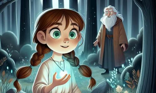 O fată de 12 ani, Ana, stă în centrul unei poieni misterioase, înconjurată de copaci înalți și întunecați. Ana are părul castaniu împletit în două codițe și ochii verzi strălucesc de curiozitate și frică. Poartă o rochie simplă de bumbac, ușor murdară, și ține în mână un pandantiv strălucitor care emite o lumină albastră. În fundal, un bătrân înțelept, cu părul alb și o barbă lungă, o observă cu un zâmbet încurajator. Locul este o pădure întunecată, iar luna plină luminează poiana, creând umbre misterioase. Ana se află în fața oglinzii magice, pregătindu-se să-și înfrunte fricile, înconjurată de spirite translucide care dansează în jurul ei, încurajând-o să aibă curaj. Atmosfera este tensionată, dar plină de magie, iar lumina pandantivului strălucește intens în întuneric.