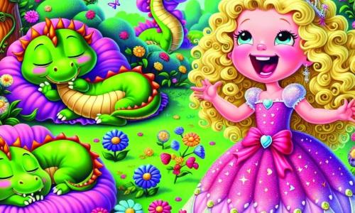 Een blije prinses, Pien, met krullend blond haar en een sprankelende roze jurk versierd met harten, lacht luid in een betoverde tuin. Haar ogen stralen van plezier terwijl ze naar drie slapende drakons kijkt. De eerste draak, een kleine jongen met groene schubben en rode vlekken, draagt een feesthoed. De tweede, een draak in een paarse tutu, heeft een zoete droom, terwijl de derde, een oude draak met een grote witte snor, luid snurkt, liggend op een bed van kleurrijke bloemen. De tuin is vol met gigantische bloemen in felle kleuren, bomen met spiraalvormige stammen en glinsterende vlinders die in de lucht dansen. Grappige plantwortels komen uit de grond, klaar om grappen te maken. In deze leuke scène ontdekt Pien de slapende drakons en maakt zich klaar om ze wakker te maken voor een avontuur vol lachen en verrassingen.