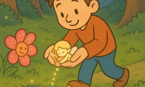 Een jonge warme glimlachende man met warrig bruin haar en zachte ronde ogen draagt een kleine magische ster in zijn holle handen en loopt langzaam over een mosachtig pad; een minuscule sterrenfee (meisje) ter grootte van een erwt met lichtgeel lichaam en doorzichtige vleugels slaapt gekruld in zijn handen, een lichtgevende bloem met felroze bloemblaadjes buigt bij zijn linkerhand naar een spiegelend vijvertje, en de man legt de fee voorzichtig op een groot drijvend blad terwijl parelachtige lichtdruppels op het water vallen en kleine vuurvliegjes doen oplichten — zachte kleuren, warme contrasten, ronde vormen, magische geruststellende sfeer.