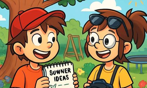 There are two main characters: Jamie, an 11-year-old boy with a red baseball cap, messy brown hair, and a big smile, holding a notebook filled with ideas, standing on the left, looking excitedly at Riley; and Riley, an 11-year-old girl with a messy ponytail, sunglasses on her forehead, and a camera around her neck, on the right of Jamie, smiling and ready to capture the moment. The main setting is Jamie's garden, filled with colorful flowers and lush trees, featuring a large wooden swing and an old trampoline in the background. The sun shines in a clear blue sky, creating a joyful summer atmosphere. The main situation shows Jamie and Riley standing under a large maple tree, surrounded by their summer activity list, enthusiastically discussing their plans, with sparkling eyes ready for unforgettable adventures together.