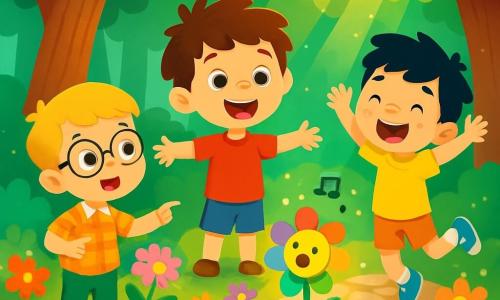 There are three characters: Tom, a 7-year-old boy with messy brown hair, wearing a red t-shirt and blue shorts, standing in the center with arms outstretched and a big smile showing his enthusiasm; Sam, a 6-year-old boy with blonde hair and round glasses, wearing a plaid shirt and green pants, slightly to the left, pointing at a colorful singing flower; and Max, a 7-year-old boy with black hair and freckles, dressed in a yellow t-shirt and orange shorts, on the right, jumping for joy with arms raised and bright eyes full of excitement. The setting is an enchanted forest with majestic trees, vibrant green leaves, and multicolored flowers lining a sparkling stone path, as soft sunlight filters through the branches, illuminating the scene in a golden light. The main situation shows the three friends discovering a magical singing flower, surrounded by vivid colors and sparkling lights, their faces radiating joy and wonder as the flower sways gently to its enchanting melody.