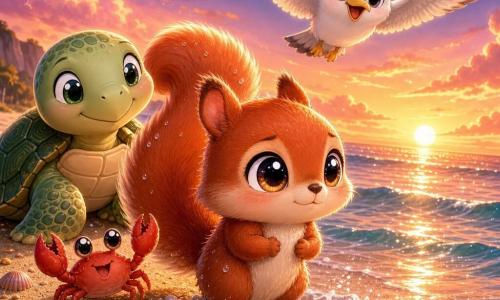 A chibi squirrel with bright round eyes and a very bushy tail, soft reddish fur, shy but determined, standing with its front paws in shallow water looking at the sea; behind it on the sand sits a wise chibi turtle with gentle eyes and a green‑patterned shell, smiling proudly; a white chibi seagull with a yellow beak flies above with slightly spread wings, joyful and encouraging; a small bright red crab on the sand beside the squirrel raises its claws as if applauding. Sunset beach with textured golden sand, translucent foamy waves with pink and orange reflections, a few sparkling shells and an emerging starry sky. Central scene: the squirrel crosses the sand-sea line as a small wave touches it, warm optimistic atmosphere, saturated pastel colors, soft light with clear contrasts, centered composition, cute expressive style, detailed textures (fur, shell, water droplets).